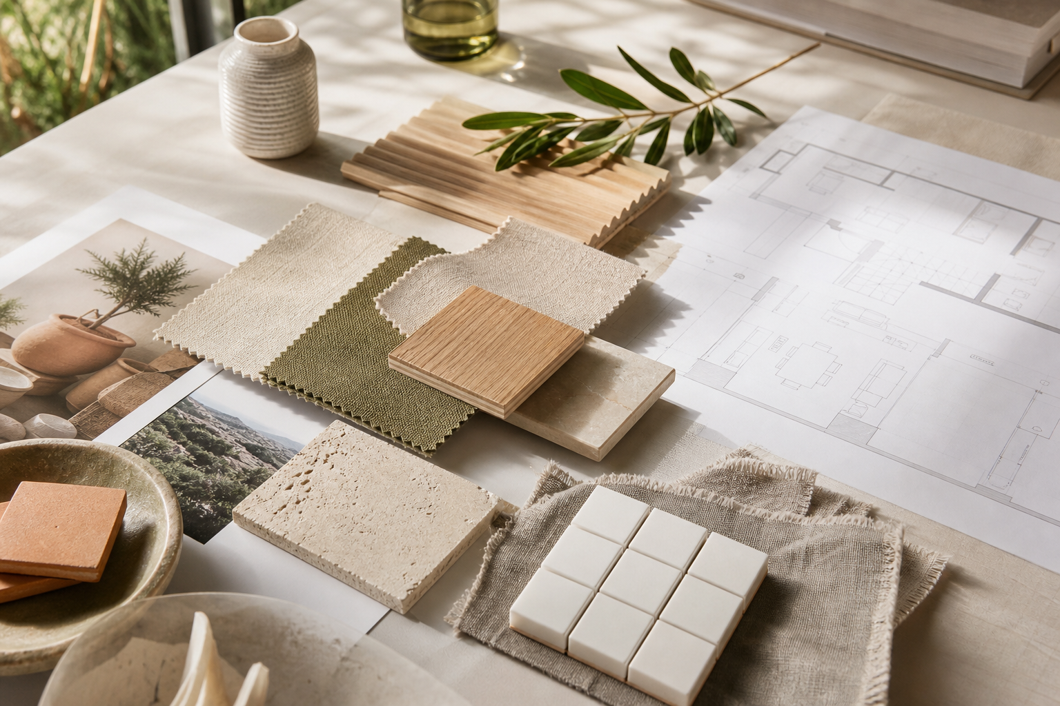 A Cyprus-inspired interior design moodboard with plans, fabrics, wood, stone and tile samples.